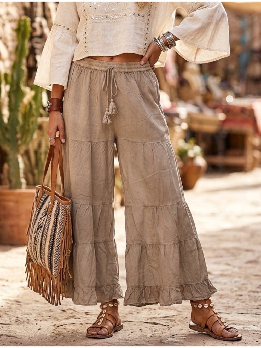 Cute Options Pants Tiered Wide-Leg bohemian Pants Women's "Free Size" in Taupe